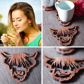 Подставка под чашку с вырезанным рисунком в виде животных, теплоизоляция, противоожоговая подставка из дерева в стиле Хайленд, подставки под напитки в виде коровы в шотландском деревенском стиле, товары для дома Ox