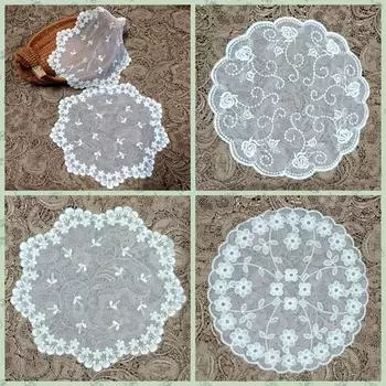 Подставка под чашку с вышивкой цветов, круглая подставка под приборы, ажурное кружево, украшение стола A