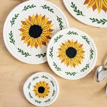 Подставка под подставку из хлопка с рисунком подсолнуха, теплоизоляция, круглая подставка под горшок, украшение стола 12cm