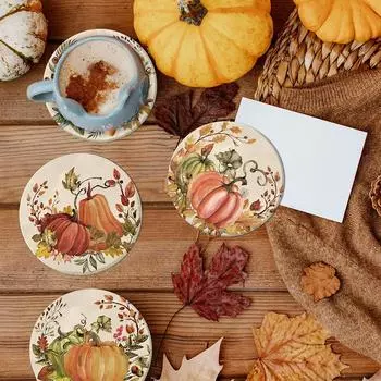 Подставка под стакан для осеннего Дня благодарения, винтажная подставка под стакан с тыквенными листьями, впитывающая подставка из натуральной керамики, коврик под стакан в стиле ретро