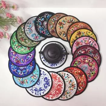 Подставка под стакан из ткани, круглый стол, коврики, ткань с китайской вышивкой, изоляционная подкладка, чашка белый