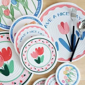 Подставка под стакан с антиожогами, тюльпан, цветочный принт, подставка для горшка, коврик для стола, подставка для чашки, украшение стола 12CM-Style B