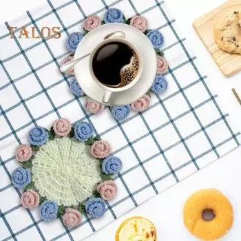 Подставка под стакан с розой ручной работы, вязаная крючком, цветочный букет, вязаные подставки, цветочный коврик для чашки, букет, подарок, декор для журнального столика