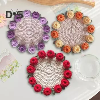 Подставка под стакан с розой ручной работы, вязаная крючком, цветочный букет, вязаные подставки, цветочный коврик для чашки, букет, подарок, декор для журнального столика