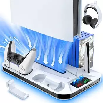 Подставка с охлаждающим вентилятором и зарядным устройством с двумя контроллерами для охлаждающей станции PS5. Аксессуары с держателем для гарнитуры на 13 игровых слотов.(Не подходит для тонких версий PS5)