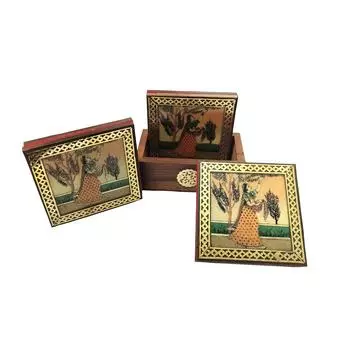 Подставки под чай с росписью из драгоценных камней из чистой латуни Подарочный набор Подарочный набор Подставка под чай с росписью из рагини Индийская традиция коричневый