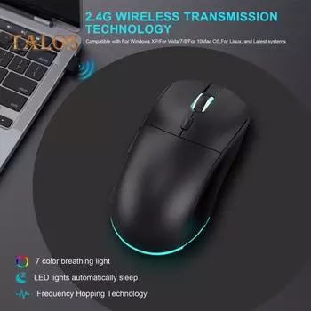 Подсвеченная светящаяся мышь с 7-цветной RGB-подсветкой, бесшумная кнопка, 3200 точек на дюйм, перезаряжаемая беспроводная игровая мышь чёрный