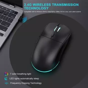 Подсвеченная светящаяся мышь с 7-цветной RGB-подсветкой, бесшумная кнопка, 3200 точек на дюйм, перезаряжаемая беспроводная игровая мышь чёрный