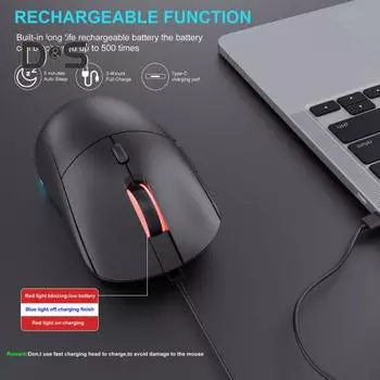 Подсвеченная светящаяся мышь с 7-цветной RGB-подсветкой, бесшумная кнопка, 3200 точек на дюйм, перезаряжаемая беспроводная игровая мышь чёрный