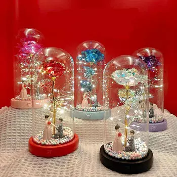 Подсвечивающаяся роза в стеклянном куполе, искусственный цветок, подарок для женщин на День святого Валентина, домашний декор, прикроватная тумбочка белый