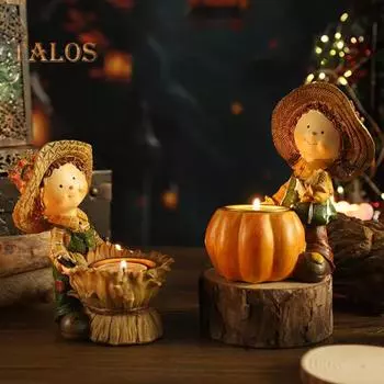 Подсвечник для ребенка в соломенной шляпе, тыква из смолы, девочка, мальчик, подставка для свечей, украшение для подсвечника на Хэллоуин, праздник урожая, День благодарения Boy
