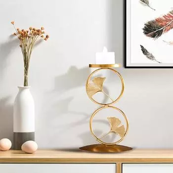 Подсвечник из железа в стиле «искусство» Золотые изделия ручной работы Уникальный декоративный подсвечник в стиле «лист гинкго»