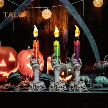 Подсвечник на Хэллоуин, светильник, скелет, подсвечник, статуэтка, светодиодная беспламенная мерцающая поддельная свеча, настольная фигурка для украшения на Хэллоуин зелёный