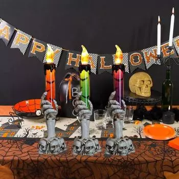 Подсвечник на Хэллоуин, светильник, скелет, подсвечник, статуэтка, светодиодная беспламенная мерцающая поддельная свеча, настольная фигурка для украшения на Хэллоуин зелёный