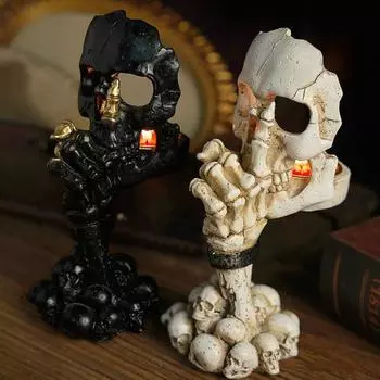 Подсвечник в виде черепа на Хэллоуин, готический, без слов, черно-белый, из смолы, со скелетом белый