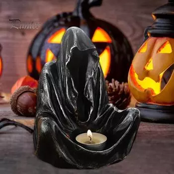 Подсвечник в виде призрака волшебника на Хэллоуин, смоляная фигурка, ароматизированная чайная свеча, подсвечник, центральный элемент стола, украшение для рабочего стола, праздничный подарок золотой/чёрный