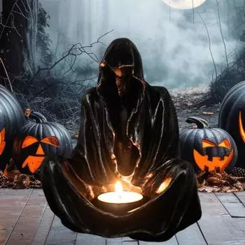 Подсвечник в виде призрака-волшебника на Хэллоуин, смоляная фигурка, ароматизированная свеча-подсвечник, центральный элемент стола чёрный/золотой