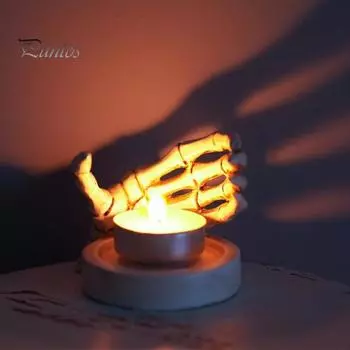 Подсвечник в виде скелета на Хэллоуин, жуткий череп в форме руки, подставка для чайной свечи, подсвечник, центральный элемент, украшение для рабочего стола, орнамент белый