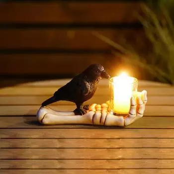 Подсвечник в виде скелета на руке на Хэллоуин, пьющий ворон на ладони, подставка для чайных свечей, украшение для подсвечника, праздничный стол для вечеринки черный белый