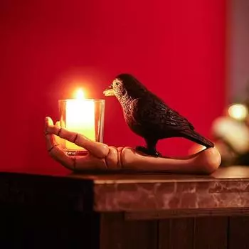 Подсвечник в виде скелета на руке на Хэллоуин, пьющая ворона на ладони, подставка для чайных свечей