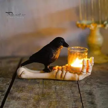 Подсвечник в виде скелета на руке на Хэллоуин, пьющий ворон на ладони, подставка для чайных свечей, украшение для подсвечника, праздничный стол для вечеринки черный белый