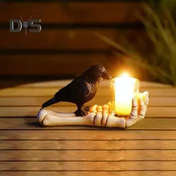 Подсвечник в виде скелета на руке на Хэллоуин, пьющий ворон на ладони, подставка для чайных свечей, украшение для подсвечника, праздничный стол для вечеринки черный белый