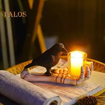 Подсвечник в виде скелета на руке на Хэллоуин, пьющий ворон на ладони, подставка для чайных свечей, украшение для подсвечника, праздничный стол для вечеринки черный белый