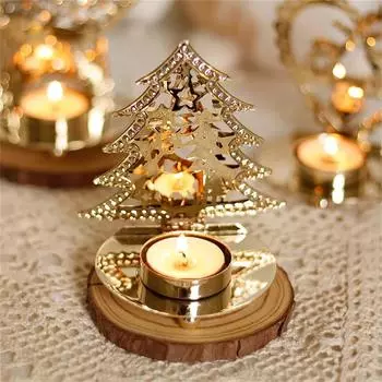 Подсвечник в виде золотой рождественской елки с ягодами и кедровыми орешками, подсвечник с 2 фитилями для праздничного украшения рабочего стола. One Size