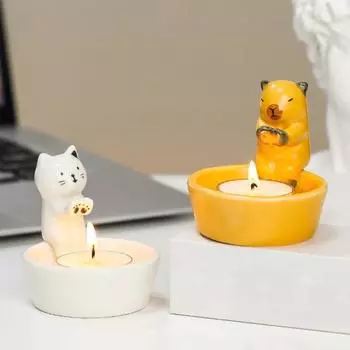 Подсвечник Yousheng Cartoon, керамический подсвечник в виде котенка, подсвечник в виде капибары, настольный подсвечник для чайной свечи для гостиной, спальни, декор белый