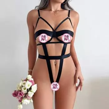 Подтяжки Цельный комбинезон Женские сексуальные ремни Черное нижнее белье Популярный секс-костюм со стальным кольцом S