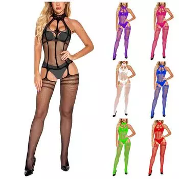 Подтяжки с кружевной отделкой и сетчатое нижнее белье комбинезона с вырезом спереди One Size