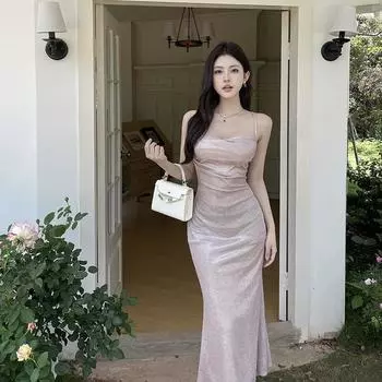 Подтяжки Тонкий Флэш Сексуальное Платье Лето Чистый Секс Стиль Спайс Платье Длинное Платье Женщина S розовый