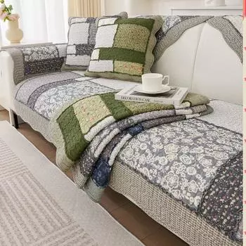 Подушка для дивана из хлопка Four Seasons Universal Splicing Pastoral Style Couch Подушка для дивана Трехцветная деревянная кромка для ушей Нескользящий чехол для дивана 50x50cm 1pcs