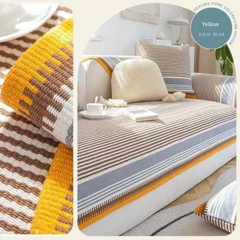 Подушка для дивана из хлопка и льна в японском стиле, всесезонная, общие ткани, льняное плетение, старая грубая ткань, нескользящий кожаный чехол на сиденье, чехол-полотенце Shihuan-Yellow 70*50
