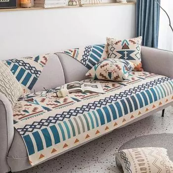 Подушка для дивана из хлопка и льна, универсальная наволочка для всех сезонов, чехол для дивана в стиле бохо с геометрическим узором, нескользящее полотенце для дивана 65x70cm 1pcs