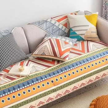 Подушка для дивана из хлопка и льна, универсальная наволочка для всех сезонов, чехол для дивана в стиле бохо с геометрическим узором, нескользящее полотенце для дивана 65x70cm 1pcs