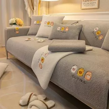 Подушка для дивана из овечьей шерсти с рисунком из мультфильма, зимняя нескользящая плюшевая подушка с вышивкой, чехол для дивана в гостиной, утолщенный теплый чехол из ткани 70x70cm 1pcs розовый