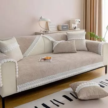 Подушка для дивана из шенилла, противоскользящая, износостойкая, Г-образная, подушка для дивана с меховым шариком, чехол для дивана, наволочка, вафельный чехол для дивана 70x70cm 1pcs