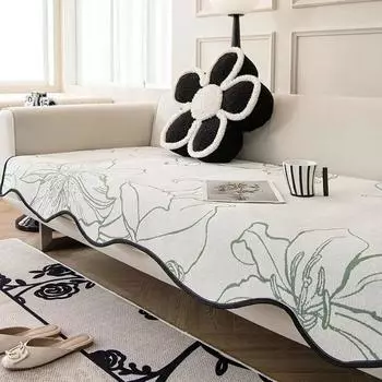 Подушка для дивана с черной волнистой кромкой, полотенце для дивана из шенилла, зимнее и летнее, с напечатанным рисунком, полотенце для диванов, пылезащитное, износостойкое 90x90cm 1pcs