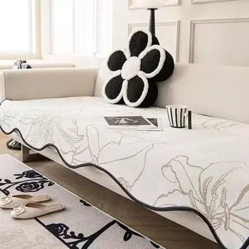 Подушка для дивана с черной волнистой кромкой Чехол для дивана из синели Зимний печатный узор Обернутые диваны Полотенце Пыленепроницаемый Износостойкий 90x90cm 1pcs