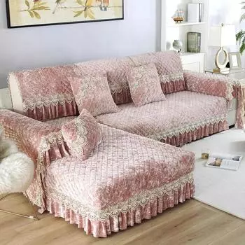 Подушка для дивана с вышитым кружевом, чехол для дивана с золотистым бархатом и подолом, чехол для дивана в осенне-зимнем европейском стиле, однотонный клетчатый коврик для дивана 70x70