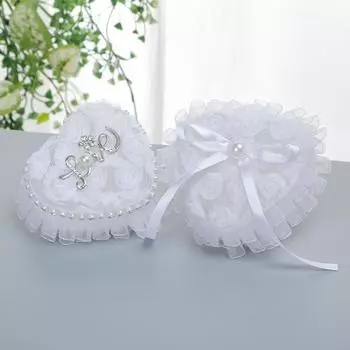 Подушка для обручальных колец Коробка в форме сердца, белый романтический кружевной держатель для жемчужных колец с лентой для свадебной церемонии