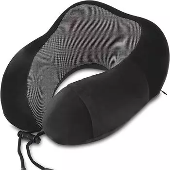 Подушка для шеи из пеноматериала с эффектом памяти U-образная подушка для путешествий в самолете, автомобиле, портативная эргономичная поддержка шеи с регулируемым ремешком и моющимся чехлом чёрный