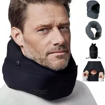 Подушка для шеи Ovaer с капюшоном, компактная дорожная подушка для путешествий в самолете, моющаяся портативная подушка с сумкой для хранения (Голубая лагуна)