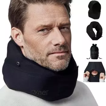 Подушка для шеи Ovaer с капюшоном, компактная дорожная подушка для путешествий в самолете, моющаяся портативная подушка с сумкой для хранения (Черная как смоль)