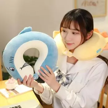 Подушка для шеи, регулируемая, очень мягкая, дышащая, не выцветающая, моющаяся, U-образная, милая подушка для путешествий в самолете с мультяшным рисунком темно-синий