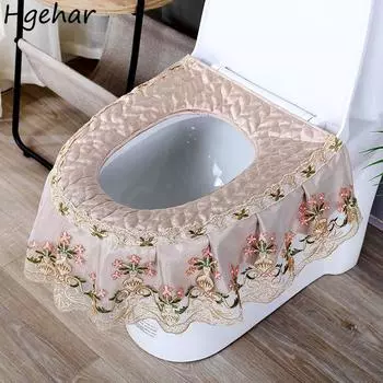 Подушка для сиденья унитаза с кружевной вышивкой, цветочная, для ванной комнаты, съемная, на молнии, водонепроницаемые, антибактериальные чехлы