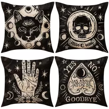 Подушка на Хэллоуин с принтом черепа счастливой черной кошки, льняная подушка, удобный домашний декор, чехол для диванной подушки 45*45cm (pillowcase)