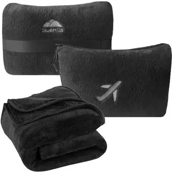 Подушка-одеяло BlueHills Travel Blanket в мини-мягкой упаковке Premium Plush Airplane Portable Compact Pack с багажным ремнем и длительным перелетом Lightweight Black серый
