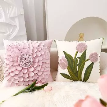 Подушка «Розовый тюльпан» в стиле «Нордик»: Подушка из чистого хлопка для дивана, гостиной или прикроватной тумбочки Pillowcase Only 45x45